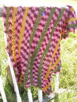 vintage plum purple / green / gold afghan, fuzzy felted wool crochet