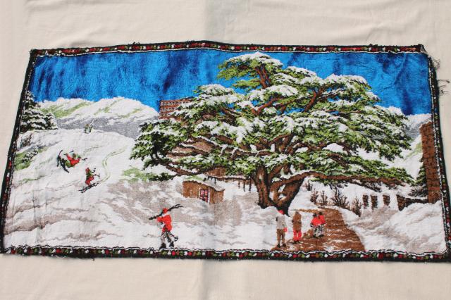 vintage plush tapestry wall hanging rug, cabin rustic winter scene cross-country skiers