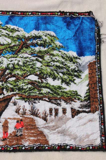 vintage plush tapestry wall hanging rug, cabin rustic winter scene cross-country skiers
