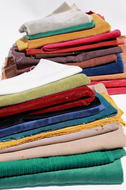 vintage plush velvet fabric scraps, corduroy & heavy cotton velveteen in jewel colors