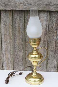 vintage polished brass chamber lamp, electric light w/ glass hurricane shade