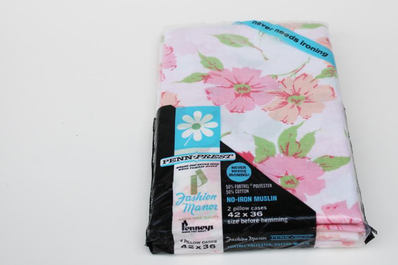 vintage poly / cotton pillowcases pair mint in package, retro pink floral print