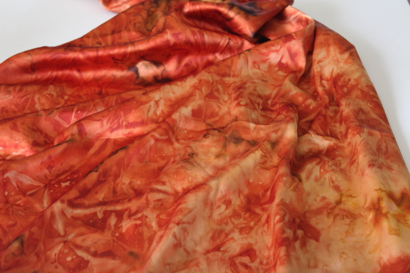 vintage poly satin charmeuse fabric, art dyed marbled print in russet  golden orange