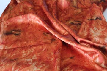 vintage poly satin charmeuse fabric, art dyed marbled print in russet  golden orange