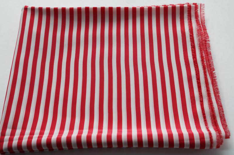 vintage polyester fabric, silky poly w/ peppermint red & white wide stripe