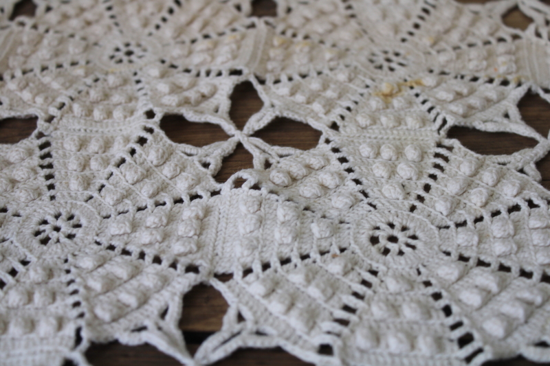 vintage popcorn bobbles crochet lace tablecloth, handmade crochet thread motifs