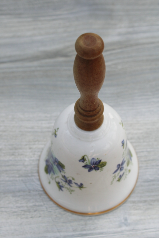 vintage porcelain bell, Royal Grafton bone china Jacobean bell w/ wood handle English violets