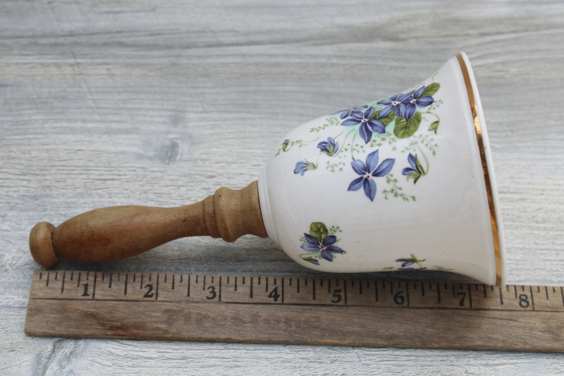 vintage porcelain bell, Royal Grafton bone china Jacobean bell w/ wood handle English violets