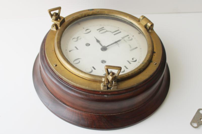 vintage porthole wall clock, solid brass & walnut case, mechanical movement  w/ key, Wuersch - Falls River