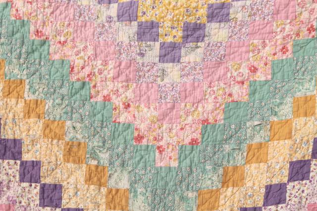 vintage postage stamp quilt, pieced tiny blocks patchwork old cotton print fabric all colors!