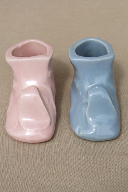 vintage pottery baby shoe vases, little pink & blue boots planter pots