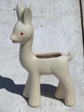 vintage pottery deer planter, wide-eyed young doe fawn, unmarked Shawnee?