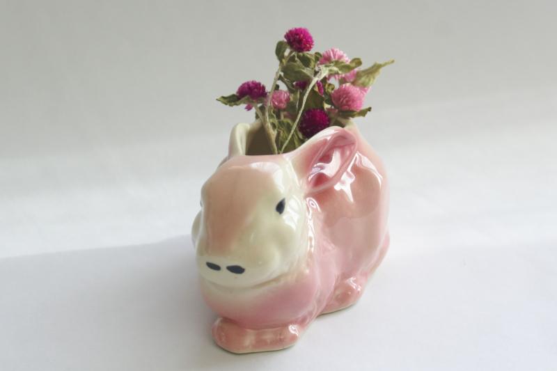 vintage pottery planter pink & white rabbit, Easter bunny for spring decor