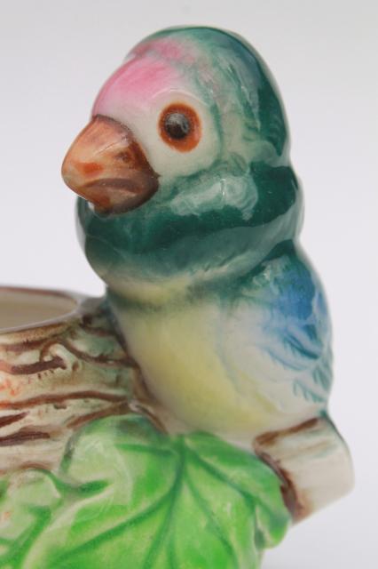 vintage pottery planter w/ small parrot bird, hand painted ceramic made in Japan