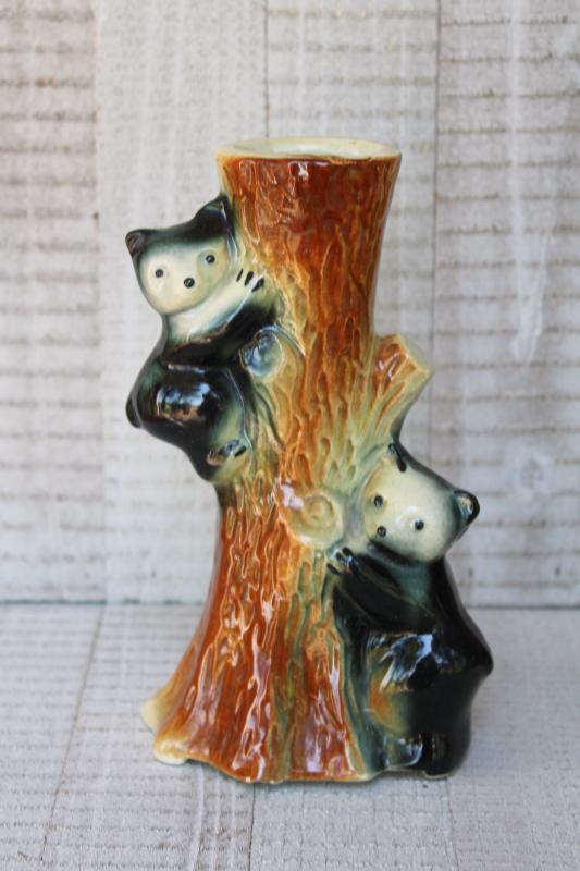 vintage pottery vase w/ bear cubs in tree, rustic north woods cabin camp decor