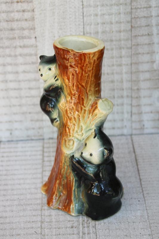 vintage pottery vase w/ bear cubs in tree, rustic north woods cabin camp decor