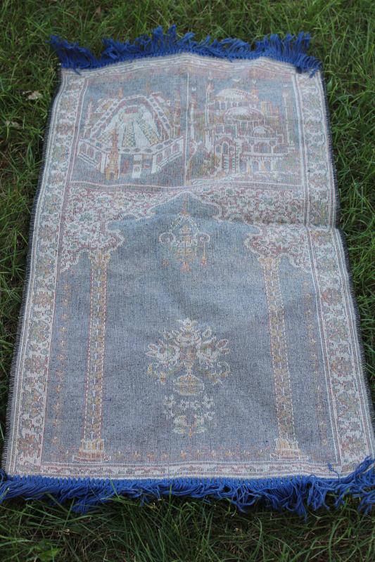 vintage prayer rug or wall hanging, silky rayon Turkish carpet w/ fringe