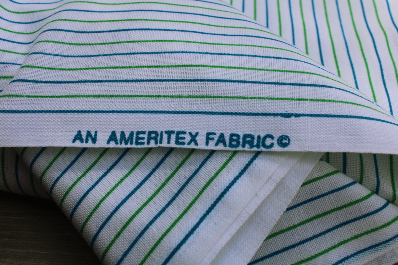 vintage preppy style linen weave cotton poly fabric, blue  green stripes on white