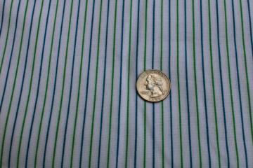 vintage preppy style linen weave cotton poly fabric, blue  green stripes on white