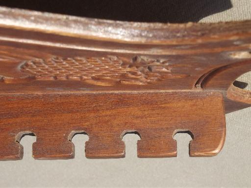 vintage pressback wood spoon holder wall rack, cornucopia horn of plenty