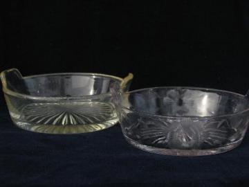 vintage pressed / etched glass round butter tub dishes, barrels w/ handles