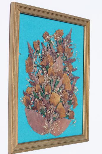 vintage pressed flower picture, collage of dried flowers, roses floral bouquet