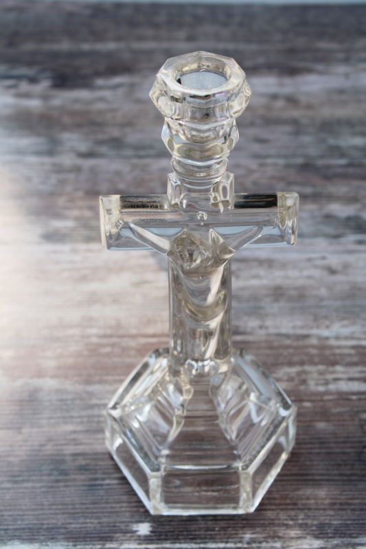 vintage pressed glass Crucifix cross candlestick, tall candle holder for altar or shrine