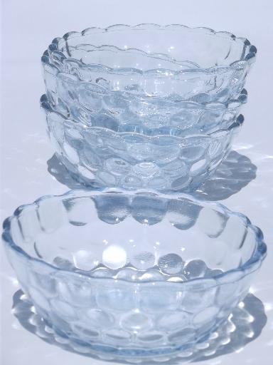 vintage pressed glass berry bowls set, blue bubble pattern depression glass