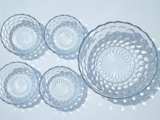 vintage pressed glass berry bowls set, blue bubble pattern depression glass