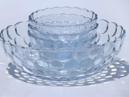 vintage pressed glass berry bowls set, blue bubble pattern depression glass