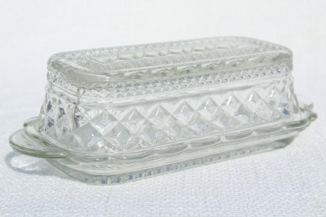 vintage pressed glass butter dish, Anchor Hocking Wexford pattern plate & cover