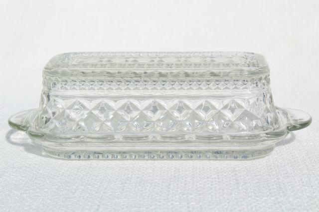 vintage pressed glass butter dish, Anchor Hocking Wexford pattern plate & cover