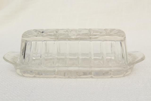 vintage pressed glass butter dish, Anchor Hocking prescut plate & cover