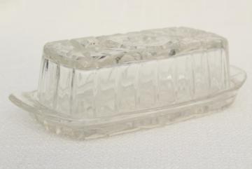 vintage pressed glass butter dish, Anchor Hocking prescut plate & cover