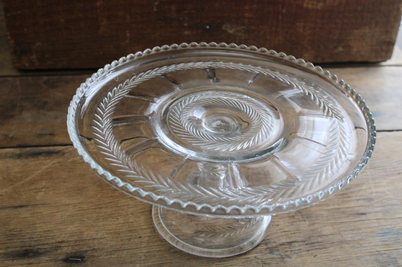 vintage pressed glass cake stand pedestal plate, laurel wreath pattern tiffin glass?