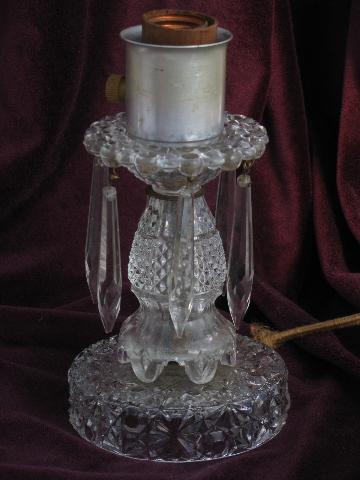 vintage pressed glass candlestick boudoir lamps, teardrop prism lusters