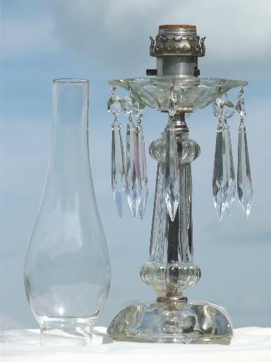 vintage pressed glass chimney lamp, parlor mantle lamp with crystal prisms 