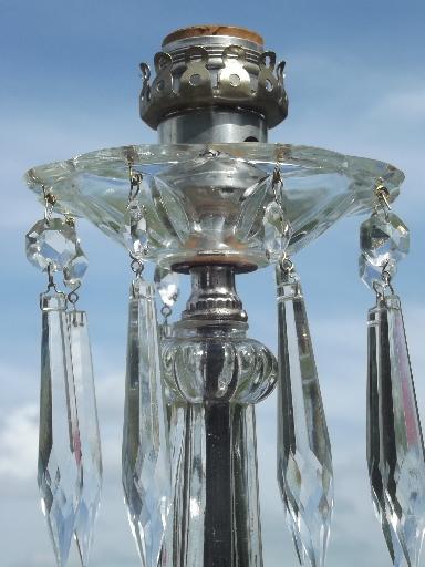 vintage pressed glass chimney lamp, parlor mantle lamp with crystal prisms 