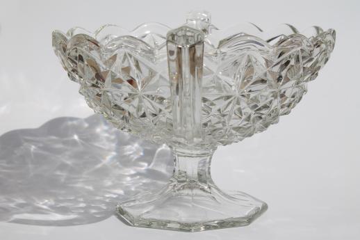 vintage pressed glass compote bowl w/ trophy handles, loving cup vase diamond block pattern