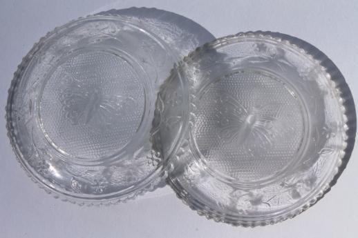 vintage pressed glass cup plates w/ butterflies, butterfly pattern butter plate set