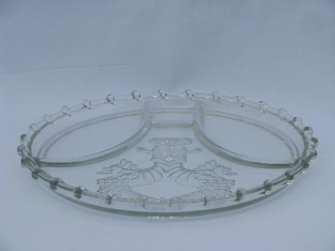 vintage pressed glass divided serving plate tray, intaglio pattern w/ rope border