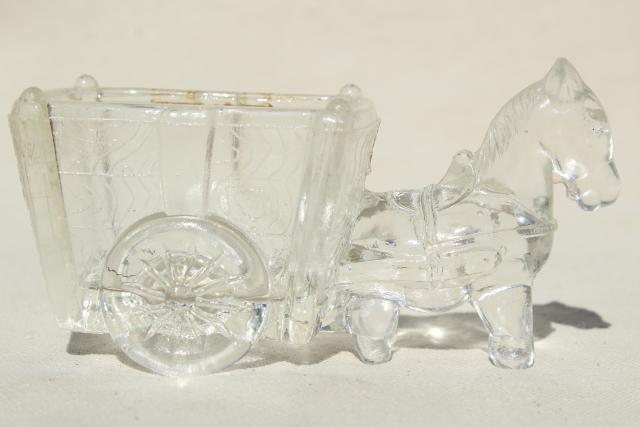 vintage pressed glass donkey cart, old candy container, toothpick or match holder glass novelty