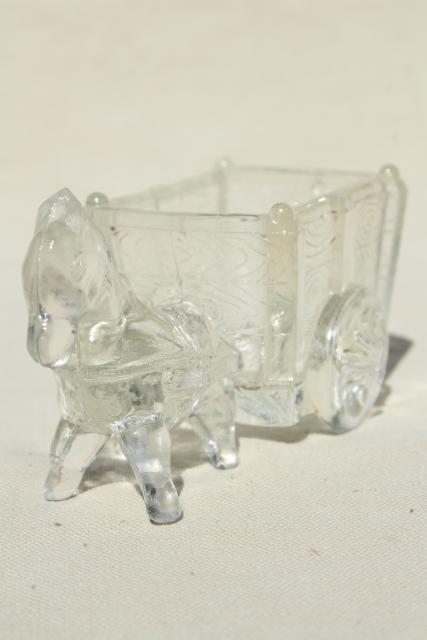 vintage pressed glass donkey cart, old candy container, toothpick or match holder glass novelty