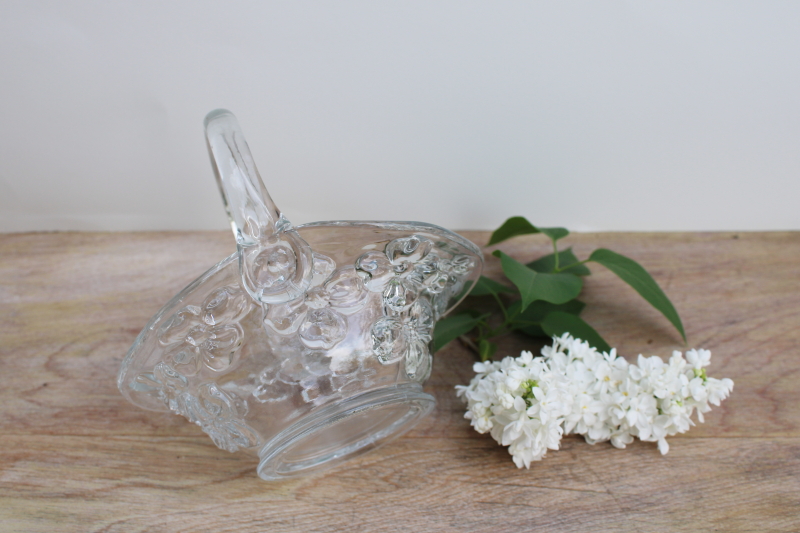 vintage pressed glass flower basket, crystal clear Indiana glass dogwood pattern