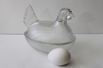 vintage pressed glass hen on nest covered dish or trinket box, old Indiana glass
