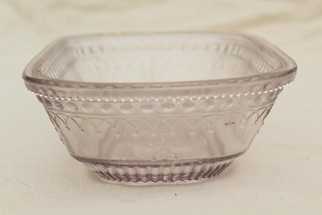 vintage pressed glass jelly dish w/ embossed lucky horseshoe pattern