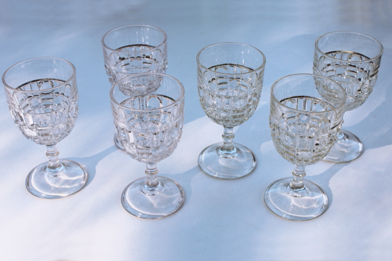 vintage pressed glass water goblets or wine glasses cut rib waffle block  button pattern
