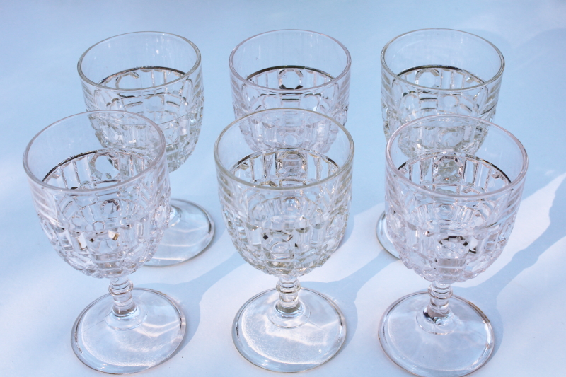 vintage pressed glass water goblets or wine glasses cut rib waffle block  button pattern