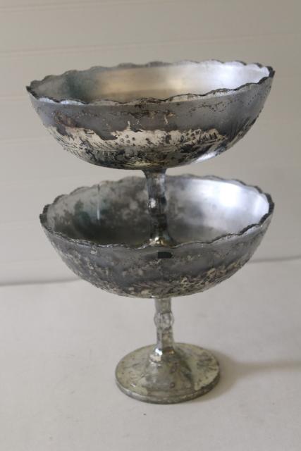vintage pressed pattern glass compote pedestal bowls, antique silvering silver mercury glass style