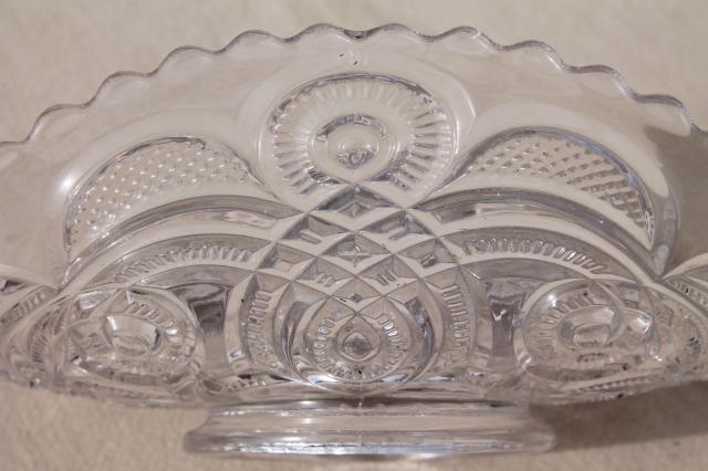 vintage pressed pattern glass fruit basket bowl or banana boat, low stand footed dish